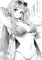  aged_up animal_print bikini breasts commentary_request eyewear_on_head female greyscale highres ichihara_nina idolmaster idolmaster_cinderella_girls large_breasts leopard_print long_hair looking_at_viewer medium_breasts monochrome navel open_clothes open_shirt print_bikini shirokuma_(nankyoku) smile solo speech_bubble sunglasses swimsuit translation_request 