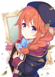  bad_id bad_pixiv_id beret black_coat black_hat blue_bow blurry blurry_foreground blush book bow braid brown_hair closed_mouth coat commentary_request dated falling_leaves female from_side fuusha hair_between_eyes hat holding holding_book hood hooded_coat hugging_book hugging_object leaf light_particles long_hair long_sleeves looking_at_viewer looking_to_the_side picture_frame princess_connect! purple_eyes ribbon school_uniform simple_background smile solo split_mouth st._theresa&#039;s_girls_academy_school_uniform twin_braids twitter_username upper_body white_background yuni_(princess_connect!) 