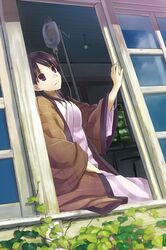  black_hair cloud commentary_request day female from_outside hidebo highres intravenous_drip ivy japanese_clothes looking_outside original red_eyes reflection sitting sitting_in_window sky solo window windowsill 