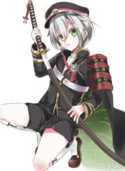  1boy :o aoi_takeru armor black_cape black_shorts cape commentary_request green_eyes grey_hair hair_between_eyes hair_flaps hat holding holding_sword holding_weapon hotarumaru japanese_armor katana legwear_garter loafers long_sleeves looking_at_viewer male_focus military military_uniform on_one_knee ootachi open_mouth shoes shorts socks solo sword touken_ranbu uniform weapon white_socks 