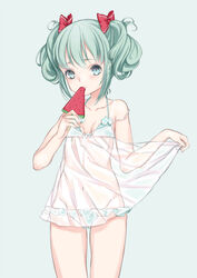  bikini commentary_request eating female food green_eyes green_hair hatsune_miku mochitsuki_kagami navel photoshop_(medium) popsicle see-through simple_background solo strap_slip swimsuit tan tanlines vocaloid watermelon_bar 