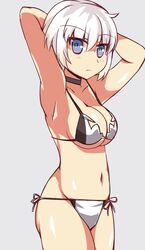  adapted_costume alternate_costume armpits arms_behind_head arms_up azur_lane bare_arms bare_shoulders bikini black_choker blue_eyes blue_pupils bob_cut breasts choker cleavage collarbone commentary_request cowboy_shot eyebrows female frown grey_background groin hair_between_eyes karlsruhe_(azur_lane) legs_together looking_at_viewer medium_breasts navel ribbon short_hair side-tie_bikini_bottom simple_background solo standing stomach swimsuit tsurime underboob wahiko_(black_bastard) white_hair 