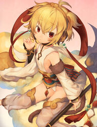  ahoge andira_(granblue_fantasy) animal_ears arm_at_side bare_shoulders barefoot blonde_hair breasts cloud commentary_request detached_sleeves erune female from_above granblue_fantasy hair_between_eyes hairband highleg highleg_leotard ju-zika leotard looking_at_viewer monkey_ears monkey_tail red_eyes see-through short_hair sideboob sitting small_breasts solo staff tail thighs two_side_up wariza white_legwear white_leotard 