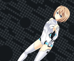  blanc_(neptunia) blue_eyes brown_hair commentary_request cosplay covered_navel elbow_gloves female frown gloves halcyon_(halcyon90) highres leotard looking_at_viewer neptune_(series) photoshop_(medium) short_hair solo white_heart_(neptunia) white_heart_(neptunia)_(cosplay) white_legwear white_leotard 