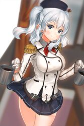  absurdres bad_id bad_pixiv_id blue_eyes blurry breasts cup depth_of_field epaulettes female grey_hair harumaki_haruki hat highres kantai_collection kashima_(kancolle) large_breasts long_hair military military_uniform miniskirt pleated_skirt skirt smile solo twintails uniform white_hair 