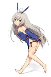  animal_ears ass bad_id bad_twitter_id bare_legs bare_shoulders barefoot belt black_panties blue_dress blue_eyes blush breasts copyright_request detached_sleeves dress female from_side full_body grey_hair highres inactive_account little_mare long_hair long_sleeves looking_at_viewer no_bra panties petite pout rabbit_ears short_dress side-tie_panties simple_background small_breasts solo standing standing_on_one_leg underwear very_long_hair walking white_background 