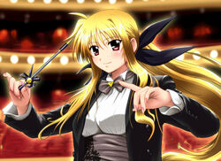  alternate_weapon bardiche_(nanoha) blush commentary_request conductor conductor_baton cosplay diesel-turbo fate_testarossa female formal hair_ribbon long_hair lyrical_nanoha mahou_senki_lyrical_nanoha_force md5_mismatch mizuki_nana mizuki_nana_(cosplay) objectification ribbon smile solo suit tuxedo very_long_hair voice_actor_connection weapon 