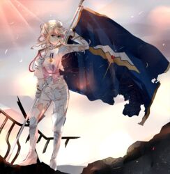  bad_id bad_pixiv_id blonde_hair blue_eyes boots damaged female flag hat hatsuko highres knee_boots macross macross_frontier macross_frontier:_sayonara_no_tsubasa mayan_(macross) military military_uniform protoculture ruins sheryl_nome solo torn_clothes uniform 