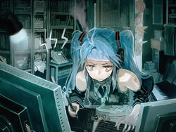  1boy 3girls aqua_hair bags_under_eyes bare_shoulders bob_(biyonbiyon) book bookshelf cold_pack commentary_request computer computer_keyboard cordless_phone creator&#039;s_real_(vocaloid) detached_sleeves door drawing drawing_tablet frown hatsune_miku head_steam headphones headset instrument kagamine_len kagamine_rin keyboard_(instrument) lamp long_hair loose_necktie megurine_luka messy_hair monitor multiple_girls multiple_monitors necktie number_tattoo pale_skin peeping phone pill shoulder_tattoo sleepy sleeves_rolled_up steam stylus tattoo twintails vocaloid working 