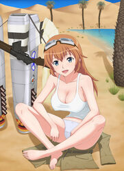  barefoot blue_eyes breasts charlotte_e._yeager cleavage commentary_request feet female gebo goggles goggles_on_head gun indian_style large_breasts long_hair m1918_bar machine_gun open_mouth orange_hair panties sand sitting smile solo strike_witches striker_unit tank_top underwear weapon world_witches_series 