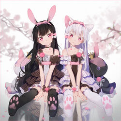  2girls animal_ears between_legs black_choker black_dress black_hair black_legwear black_vs_white cat_ears cat_girl cherry_blossoms choker colored_eyelashes commentary crown dress fake_animal_ears hair_ornament hakusai_(tiahszld) hand_between_legs long_hair looking_at_viewer multiple_girls original photoshop_(medium) pink_eyes rabbit_ears reverse_palettes stuffed_animal stuffed_toy symbol-only_commentary symmetrical_pose symmetry thighhighs white_choker white_dress white_hair white_legwear 