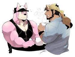  2016 anthro baker_(kokuhane) beard biceps canid canine canis clothed clothing domestic_dog duo facial_hair fur human kokukokuboo male mammal muscular muscular_male pecs 