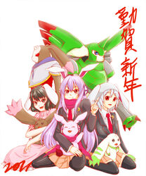  3girls andiramon_(deva) animal_ears black_eyes black_hair blue_eyes blue_hair commentary_request creature crescent crossover cutemon digimon digimon_(creature) fujisaki_subaru horns inaba_tewi long_hair lopmon multiple_girls photoshop_(medium) purple_hair rabbit_ears rapidmon rapidmon_(perfect) red_eyes reisen_(touhou_bougetsushou) reisen_udongein_inaba short_hair single_horn skirt species_connection terriermon thighhighs touhou 