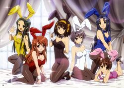  6+girls absurdres animal_ears arm_behind_back asahina_mikuru asakura_ryouko bare_legs black_leotard black_pantyhose blue_eyes blue_hair blue_leotard bow bowtie breasts brown_eyes brown_hair cleavage comiket_79 fake_animal_ears hairband high_heels highres ikeda_shouko kneeling kyon&#039;s_sister large_breasts legs legs_up lens_flare leotard long_hair lying medium_breasts mole mole_on_breast multiple_girls nagato_yuki no_socks oerba_yun_fang official_alternate_costume official_art on_stomach open_mouth orange_hairband pantyhose playboy_bunny purple_hair rabbit_ears red_leotard scan shoes small_breasts smile sparkle suzumiya_haruhi suzumiya_haruhi_no_yuuutsu the_pose tsuruya very_long_hair white_leotard wrist_cuffs yellow_eyes yellow_leotard 