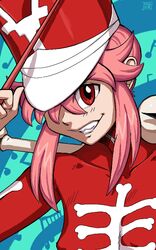  bone commentary dress evil_smile female hair_bun hair_over_one_eye jakuzure_nonon kill_la_kill looking_at_viewer musical_note oerba_yun_fang open_mouth pink_hair pointer red_dress red_eyes shaded_face sidelocks single_hair_bun smile solo spidu teeth 