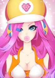  arcade_miss_fortune bad_deviantart_id bad_id blowing_bubbles blue_eyes breasts cabbie_hat chewing_gum cleavage female hat headphones heart heart-shaped_pupils karousel league_of_legends lips long_hair medium_breasts miss_fortune_(league_of_legends) official_alternate_costume pink_hair solo symbol-shaped_pupils 