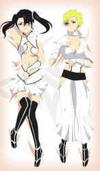  2girls absurdres arm_up armpits arrancar black_hair bleach blonde_hair blue_hair blush breasts cleavage dakimakura green_eyes highres loly loly_aivirrne long_hair lying menoly menoly_mallia midriff multiple_girls on_back purple_eyes red_eyes short_hair skirt skull sleeveless spiked_hair stiky_finkaz thighhighs twintails watermark 