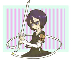  bleach blue_eyes blue_hair japanese_clothes keikou_midori_(753064) kuchiki_rukia smile sword weapon 