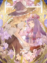  2girls :d blonde_hair blunt_bangs broom commentary_request dress eye_contact fingernails flower hair_ribbon hand_on_hand hat highres iris_(flower) jyuui kirisame_marisa long_hair looking_at_another mob_cap multiple_girls nail_polish open_mouth patchouli_knowledge photoshop_(medium) purple_eyes purple_flower purple_hair ribbon smile star_(symbol) touhou white_flower witch_hat yellow_eyes yellow_nails yuri 