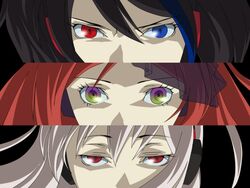  1boy 1other black_hair blue_hair column_lineup commentary_request female gradient_eyes heterochromia multicolored_eyes namine_ritsu parody persona persona_3 persona_eyes red_eyes red_hair sukone_tei utau vippaloid white_hair yamagami_shuu yokune_ruko 