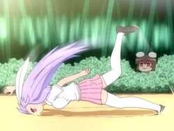  2girls animal_ears bamboo bamboo_forest brown_hair commentary_request faceplant falling forest inaba_tewi loafers long_hair motion_blur multiple_girls nature open_mouth outdoors parody pink_skirt pleated_skirt prank purple_hair qwop rabbit_ears red_eyes reisen_udongein_inaba sand shirosato shirt shoes short_hair short_sleeves skirt smile thighhighs touhou very_long_hair white_legwear white_shirt zettai_ryouiki 