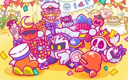  1up 6+boys axe_knight_(kirby) banner bird blade_knight bouquet bow box cake cape captain_vul commentary_request confetti fake_horns flower flying_sweatdrops food gift gift_box gloves hat helmet horned_helmet horns invincible_candy javelin_knight kirby kirby_(series) mace_knight mask maxim_tomato meta_knight microphone_waddle_dee multiple_boys official_art parfait peaked_cap pennant reporter_waddle_dee sailor_hat sailor_waddle_dee shoulder_pads sparkle sparkling_eyes sword_knight trident_knight waddle_dee white_gloves 