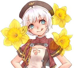  :&gt; aiguillette azur_lane beret black_hat blue_eyes bob_cut buttons closed_mouth commentary_request cropped_jacket dress eyebrows eyelashes female flat_chest flower hat head_tilt jacket karlsruhe_(azur_lane) kumao looking_away looking_to_the_side military military_uniform multicolored_clothes multicolored_dress nose open_clothes open_jacket red_jacket short_hair simple_background smile solo tareme tongue tongue_out turtleneck uniform upper_body white_background white_hair 