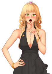  bad_id bad_pixiv_id bare_shoulders blush bracelet breasts cherry_stem_knot cleavage dress female green_eyes hand_on_own_hip highres jewelry kate_(alice_catharsis) large_breasts long_hair looking_at_viewer necklace open_mouth original photoshop_(medium) pointing ring sleeveless sleeveless_dress solo tiara tongue tongue_out 