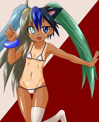  :3 ahoge animal_ears aqua_hair bikini blue_eyes blue_hair bracelet cat_ears chimerism commentary_request dark-skinned_female dark_skin female fusion futaba_channel hair_ornament heterochromia ichigoya_(mazikayu) jewelry long_hair micro_bikini moetron multicolored_hair oerba_yun_fang original shiny_skin sidelocks silver_hair smile solo swimsuit tan tanlines thighhighs twintails two-tone_background white_thighhighs 