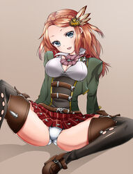  arm_support black_thighhighs blue_eyes blush braid breasts brown_hair carren_(granblue_fantasy) commentary_request female french_braid g_pon_(gachapon) granblue_fantasy hair_ornament long_hair looking_at_viewer medium_breasts open_mouth panties pantyshot plaid plaid_skirt sitting skirt smile solo spread_legs thighhighs underbust underwear white_panties 