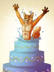  2016 3:4 4_fingers anthro arms_above_head brown_body brown_fur brown_nose cake canid canine casual_nudity claws closed_eyes dessert digital_media_(artwork) dipstick_tail fangs fingers fluffy fluffy_tail food fox fur hi_res humor in_food inner_ear_fluff light male mammal markings mrfoxees multicolored_body multicolored_fur multicolored_tail nowandlater nude orange_body orange_fur orange_tail pink_tongue pop_out_cake red_fox simple_background solo surprise tail tail_markings tan_tail_tip teeth tongue true_fox tuft two_tone_tail watermark white_body white_fur white_tail 