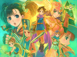  1990s_(style) 6+girls animal_ears aqua_hair armor bikini_armor blue_hat blue_tabard bodysuit breasts commentary_request docoi dragon_quest dragon_quest_iii fantasy fighter_(dq3) gold_trim green_theme hat heroine_(dq3) jester_(dq3) knife mace mage_(dq3) medium_breasts merchant_(dq3) multiple_girls orange_bodysuit painttool_sai_(medium) pantyhose priest_(dq3) rabbit_ears retro_artstyle roto_(dq3) sage_(dq3) shield soldier_(dq3) staff sword tabard thief_(dq3) twintails weapon 