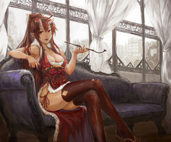  ahoge bare_shoulders breasts cleavage collarbone commentary_request couch crossed_legs curtains fangs female fur_trim horns indoors japanese_clothes kiseru large_breasts long_hair looking_at_viewer obi oni open_mouth original pointy_ears ponytail red_eyes red_hair red_thighhighs sandals sarashi sasagawa_(haikaiki) sash sitting slit_pupils smile smoking_pipe solo thighhighs window 