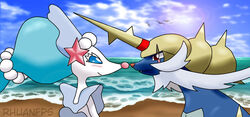  2016 absurd_res asterozoan beach day detailed_background duo echinoderm fan_character female feral generation_5_pokemon generation_7_pokemon hi_res male mammal marine merfolk mustelid nintendo outside pinniped pokemon pokemon_(species) primarina rk rocket_(rk) rocket_the_samurott samurott sand sea seaside sky split_form starfish starfish_(accessory) sun water 