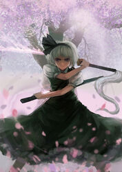  black_hairband blue_eyes charimei commentary_request crossed_arms dual_wielding female fighting_stance grey_hair hairband holding katana konpaku_youmu photoshop_(medium) saigyou_ayakashi scabbard serious sheath short_hair solo spell_card sword touhou tree unsheathing weapon 