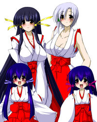  4girls arcana_heart black_hair blue_hair blush breasts brown_eyes cleavage commentary_request family grey_hair hair_ribbon japanese_clothes kasuga_koito kasuga_kouta kasuga_maori kasuga_tsuzune large_breasts lolicon long_hair miko mon_deep_(mitsuki) multiple_girls open_mouth red_eyes ribbon short_hair siblings sisters smile twins 