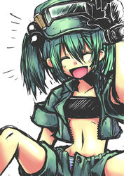  absurdres casual closed_eyes commentary_request contemporary female gloves goggles green_shorts hand_on_goggles highres jacket kawashiro_nitori midriff navel open_mouth panties pantyshot shorts sleeves_rolled_up smile solo sports_bra striped_clothes striped_panties touhou two_side_up unbuttoned underwear yugami_gooshu 