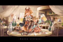  2girls animal_ears bad_id bad_pixiv_id beer_mug blonde_hair blush bow brown_gloves cape closed_eyes cup drunk erune food gloves granblue_fantasy hairbow harvin holding holding_cup karteira letterboxed mug multiple_girls open_mouth orange_hair short_hair sierokarte sitting sitting_on_table smile thighhighs yumekui 