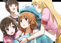  4girls :d :o bad_id bad_pixiv_id blonde_hair blush_stickers brown_hair costume futsuu_no_joshikousei_ga_locodol_yattemita green_eyes kohinata_yukari long_hair mikoze_yui multiple_girls nazukari_mirai open_mouth photoshop_(medium) purple_eyes short_hair smile tea_(nakenashi) uogokoro-kun usami_nanako 