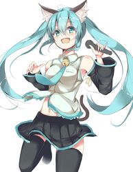  :d animal_ears aoi_takeru aqua_eyes aqua_hair aqua_nails aqua_necktie bare_shoulders bell black_footwear black_skirt black_thighhighs boots cat_ears cat_tail collar commentary_request detached_sleeves female fingernails hatsune_miku highres holding holding_microphone kemonomimi_mode leg_up long_hair microphone nail_polish navel neck_bell necktie oerba_yun_fang open_mouth pleated_skirt simple_background skirt sleeveless smile solo tail thigh_boots thighhighs twintails very_long_hair vocaloid white_background 