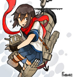  anchor bandana black_eyes black_hair black_socks character_name colorized commentary_request cosplay ergot female fingerless_gloves fubuki_(kancolle) gloves kantai_collection kneehighs machinery parody pleated_skirt ponytail red_scarf scarf school_uniform serafuku short_ponytail simple_background skirt socks solo strider_(video_game) strider_hiryuu strider_hiryuu_(cosplay) sweat sweatdrop uniform unworn_bandana weapon white_background 