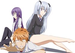  1boy 2girls bare_legs d-frag! gray_hair grey_hair karasuyama_chitose kazama_kenji legs multiple_girls purple_hair sakai_tama school_uniform sitting sitting_on_person thighhighs twintails zettai_ryouiki 