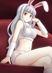  animal_ears bare_shoulders breasts commentary_request crossed_legs female grey_hair hairband idolmaster idolmaster_(classic) kinchan_and_katori_shingo_no_zen_nihon_kasou_taishou large_breasts long_hair navel rabbit_ears red_eyes shijou_takane sitting smile solo utomo 