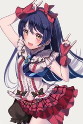  \n/ blue_hair blush bokura_wa_ima_no_naka_de commentary_request double_\n/ female fingerless_gloves fuyuzima gloves half-skirt highres long_hair love_live! love_live!_school_idol_project open_mouth smile solo sonoda_umi 