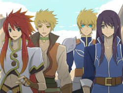  4boys aqua_eyes armor bad_id bad_pixiv_id blonde_hair brown_eyes choker crossover flynn_scifo flynn_scifo_(fedrock_knight&#039;s_honor) gloves green_choker guy_cecil in-franchise_crossover long_hair luke_fon_fabre male_focus multiple_boys official_alternate_costume purple_hair red_hair smile tales_of_(series) tales_of_the_abyss tales_of_vesperia uniform yamato_(f&amp;m) yellow_eyes yuri_lowell yuri_lowell_(light_fedrock_uniform) 