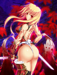  ass blonde_hair blood breasts commentary_request female fundoshi japanese_clothes large_breasts long_hair looking_at_viewer original red_eyes rokushiru_(muzai-p) smile solo 