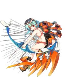  aiming aqua_hair arrow_(projectile) awakening_(sennen_sensou_aigis) boots bow_(weapon) claire_(sennen_sensou_aigis) drawing_bow female full_body goggles goggles_on_head holding holding_arrow holding_bow_(weapon) holding_weapon nanaroku_(fortress76) official_art open_mouth outstretched_arm red_eyes sennen_sensou_aigis short_shorts shorts solo transparent_background weapon 