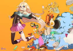  1boy 4girls ? ahoge baseball bird blonde_hair bottle canine car carrot chicken clock clothes_pin coin commentary_request computer cookie egg explosion food frying_pan glasses hair_flaps hatsune_miku ia_(vocaloid) jumping kagamine_len kagamine_rin laptop laundry long_hair milk milk_carton motor_vehicle multiple_girls nihonbashi_koukashita_r_keikaku_(vocaloid) noodles orange_background photoshop_(medium) ramen refrigerator riccae seeu spring_onion umbrella very_long_hair vocaloid 