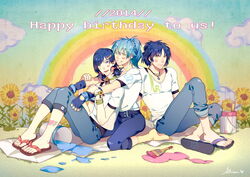  3boys alternate_hairstyle androgynous blue_hair bow bracelet choker commentary_request dramatical_murder facepaint fingerless_gloves flower gloves gu-akira hair_ornament hairbow hairclip happy_birthday hug hug_from_behind jewelry multiple_boys necklace paint paintbrush pants pants_rolled_up ponytail rainbow ren_(dramatical_murder) sandals sei_(dramatical_murder) seragaki_aoba shirt short_twintails smile sunflower t-shirt twintails 