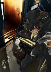  alternate_costume ammunition ammunition_box anchor_symbol anti-aircraft_gun artillery autocannon bad_id bad_pixiv_id black_footwear black_hat black_necktie black_pants black_shirt blush brown_hair cannon carrying closed_eyes collared_shirt crying female gloves hair_ornament hat headgear high_ponytail holding holding_magazine_(weapon) indoors kantai_collection long_hair long_sleeves magazine_(weapon) military military_hat military_uniform msugi necktie pants radar_hair_ornament rigging sakuramon sheath shirt smokestack solo translation_request uniform white_gloves yamato_(kancolle) 